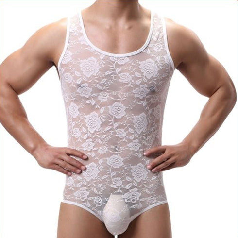 White TEDDY Lace Jumpsuit - MenSexyWear - Singlet