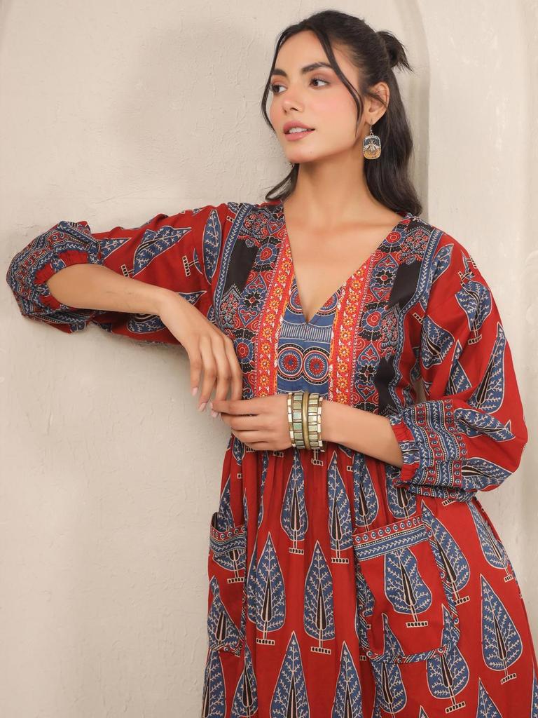 Hand Block Printed Dress Midi Cotton Floral Dress Boho Chic Holiday Summer Indian Cotton Dress Handmade In India Jaipuri Dress with Pockets