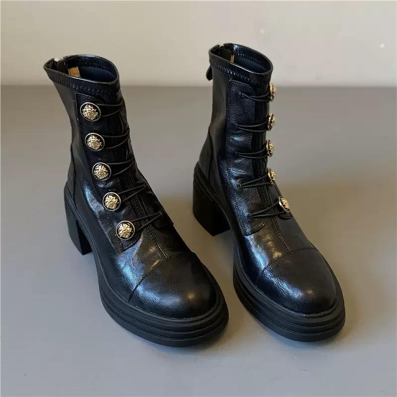 Cowhide version~ Badge small gold buckle boots Martin boots women's British 2025 new thick heel thin boots high heel short boots
