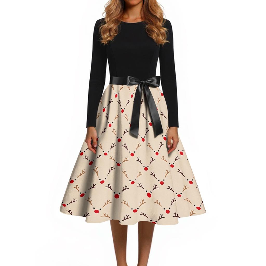 Women's Casual Christmas Print Dress with Neck, Vintage Holiday Dress