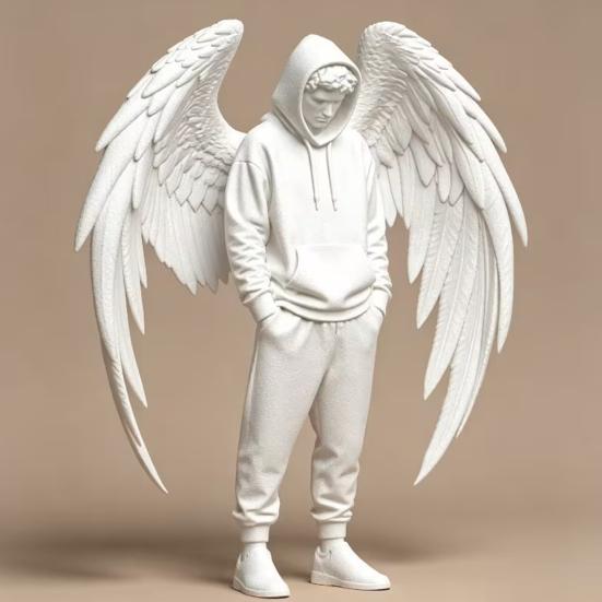 PLA Angel Decor 3D Printed Figurine, Winged Man Decorative Statue, Hoodies Desk Decoration Boys Sculpture for Home Office Shelf