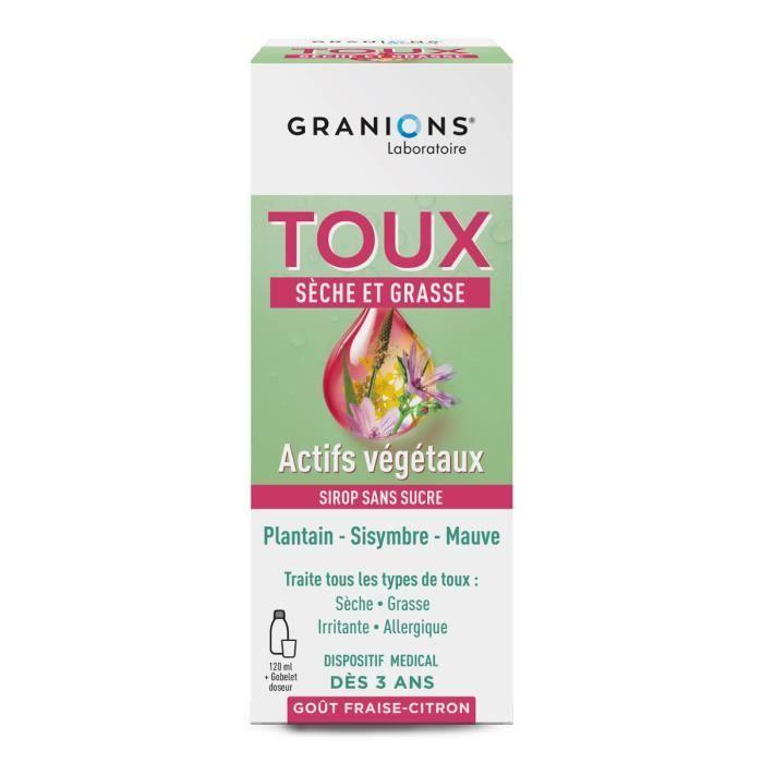 GRANIONS SIROP TOUX - 4 En 1 - Toux Sèche Et Grasse - Dès 3 Ans - Sans Sucres - Formule Naturelle - Goût Fraise-Citron