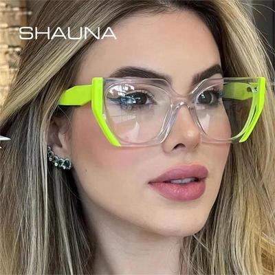 SHAUNA Retro sokszögű macskaszem női szemüvegkeret divat, dupla színű, áttetsző kék színű, világos szemüveg férfi optikai leopárd keret