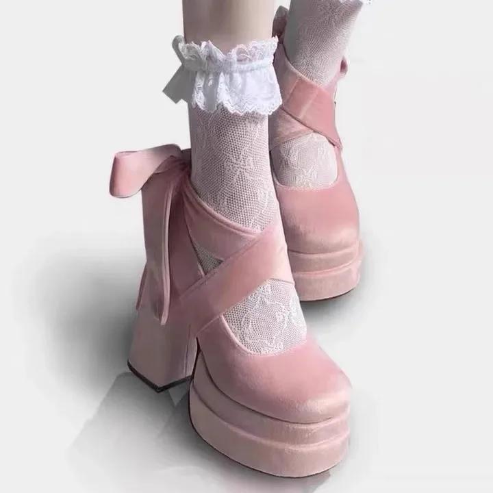 Luksussko Motedesigner Plattform Kvinner Mary Jane Sko Kryssreim Tykk hæl Sko Dame College Style Dress Pumps Shoe