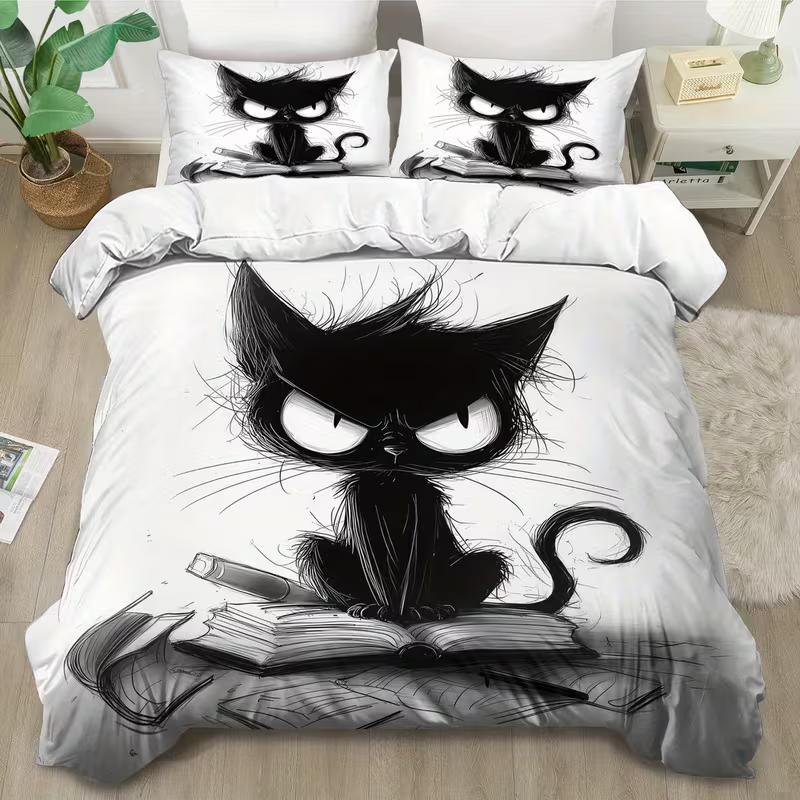 

Grumpy Black Cat Bedding Set Animal Duvet Cover Queen King Double Duvet Cover Pillowcase 2/3 Gift Soft Bedroom Decoration Baby 100x135cm