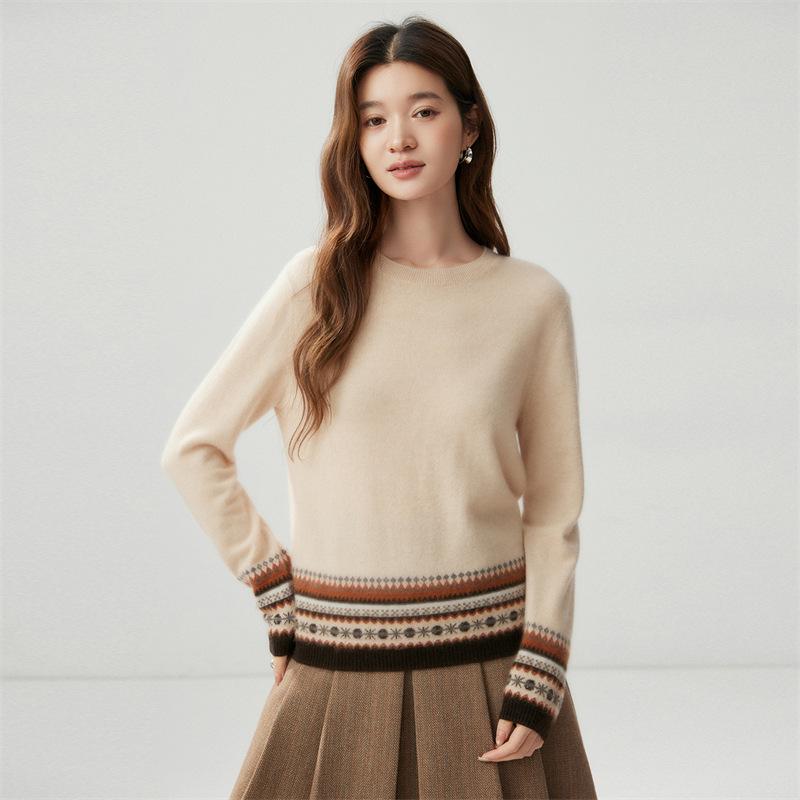 Women's Color Block Fair Isle Cashmere Sweater: Autumn/Winter 2026 Round Neck Versatile Pullover