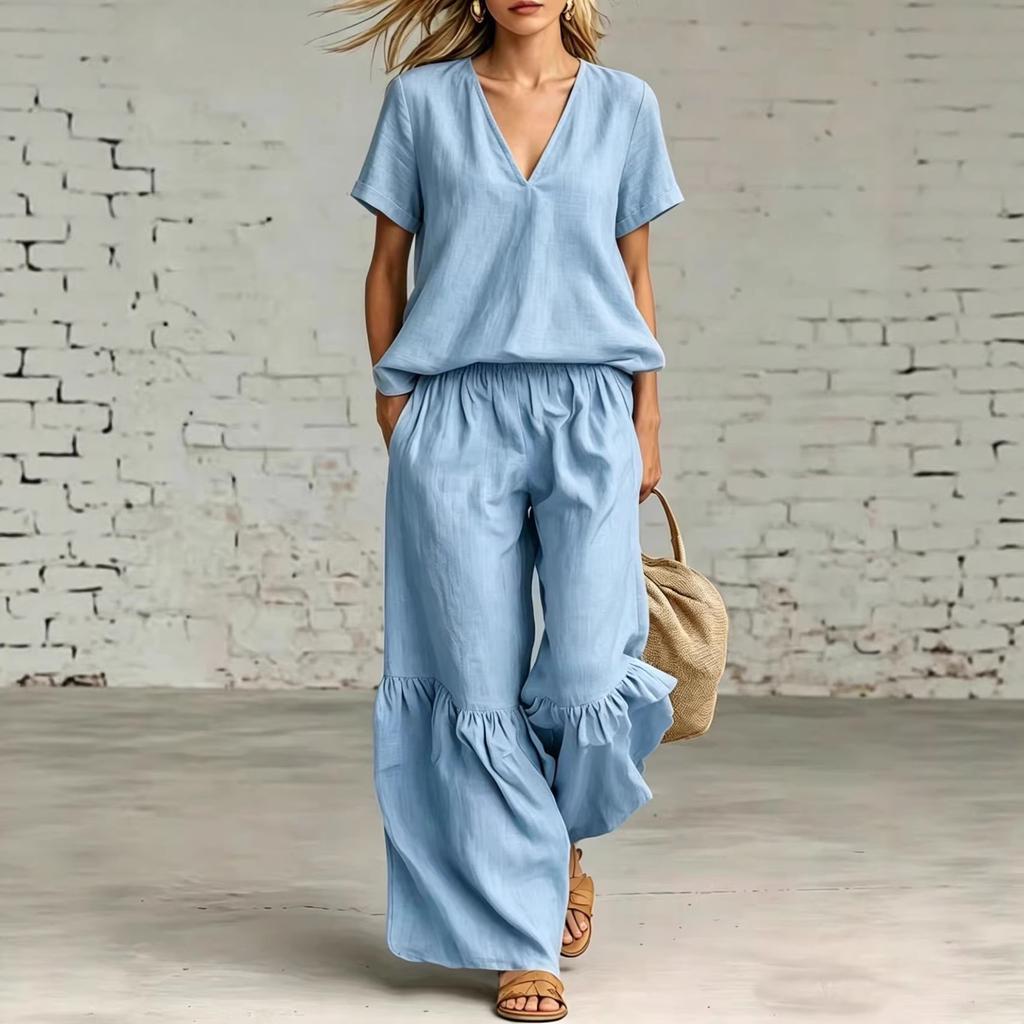 Women V Neck Ruffled Hem Linen Blend Two Piece Set Wide Leg Pants Summer Casual Outfit