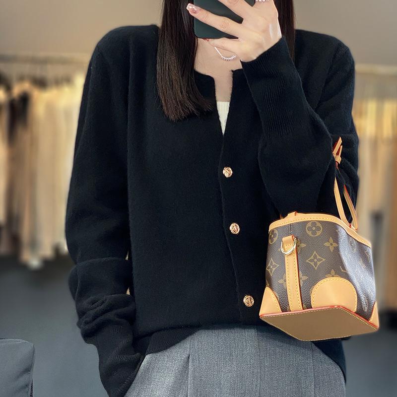 Women's 100% Wool Round Neck Cardigan - Slimming Knit Jacket, Spring Cashmere Sweater, Versatile Outerwear