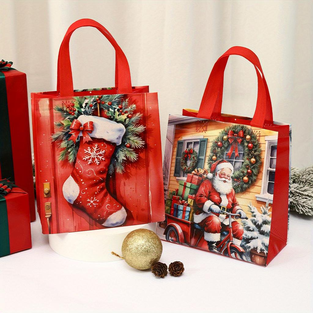6Pcs Christmas Reusable Tote Bags Non-Woven Holiday Gift Bags Handles Santa Claus Tote Bag Christmas Decorations for Home