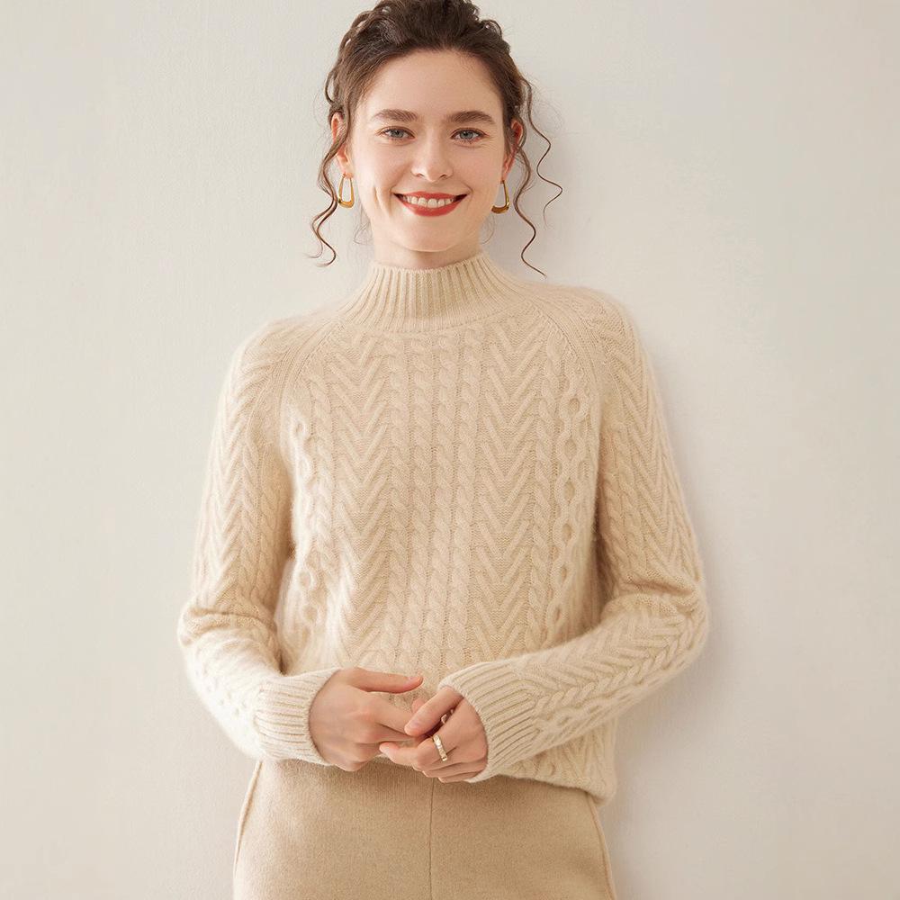 Women's Cashmere Jacquard Sweater: Thick, Heavyweight Three-Strand Knit, Half-High Collar, Loose Fit, Long Sleeve Pullover for Autumn/Winter.