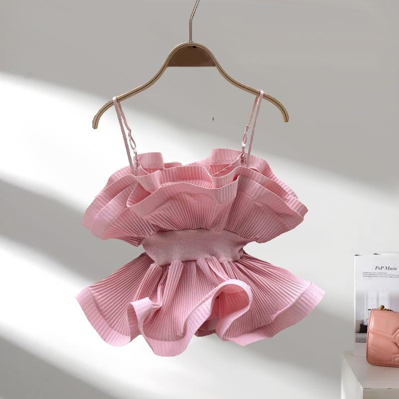 

Модная элегантная плиссированная женская блузка с оборками и без рукавов, тонкая эластичная талия, рубашка Spice Girl, уличная одежда, однотонные короткие топы, одежда 3511 L розовый