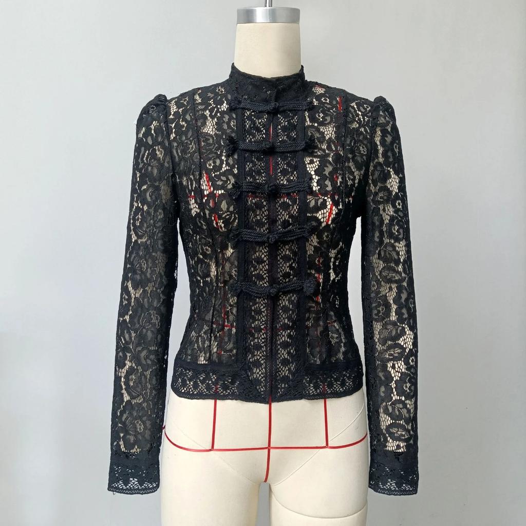 VAYLA Lace Printed Shirts Tops Female Hollow Out Fashion Commute Vintage See-Through Blouse Women's Lace Shrug Shirts New