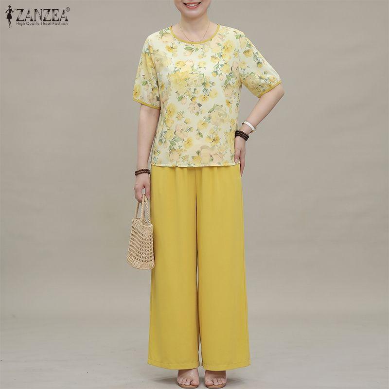 ZANZEA Damen Halbsleeve Blumenprint Bluse und Lange Hose Lässige Zweiteilige Sets