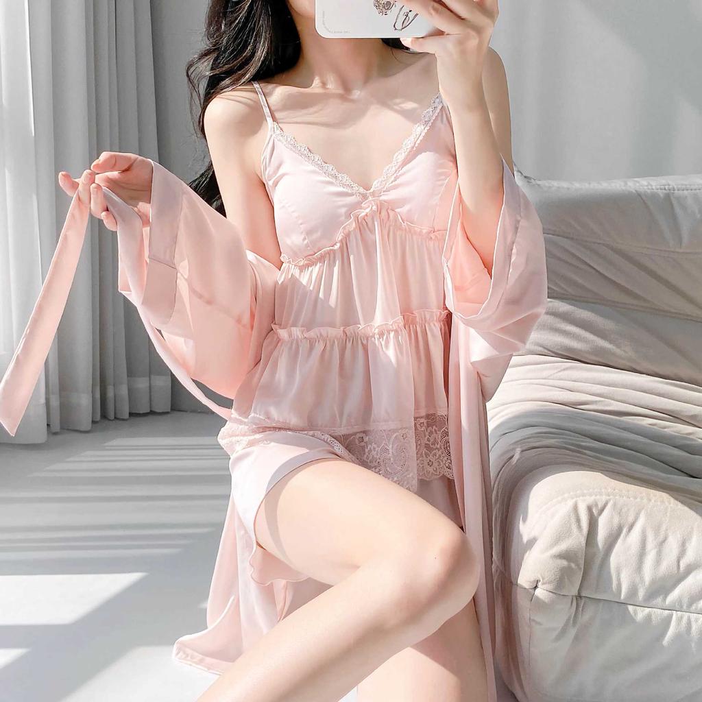 Summer Girl Pure Desire Suspender Shorts Loungewear Set Ice Silk Pajamas Women's Sexy Pajamas Three-piece Set