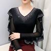 Spring Autumn Women's Ruffles Sleeve T-Shirt Elegant V-neck Tees Slim Ladies Tops With Rhinestone