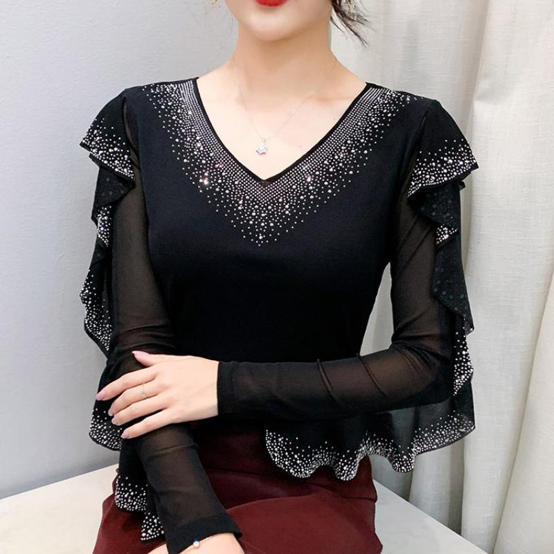 Spring Autumn Women's Ruffles Sleeve T-Shirt Elegant V-neck Tees Slim Ladies Tops With Rhinestone