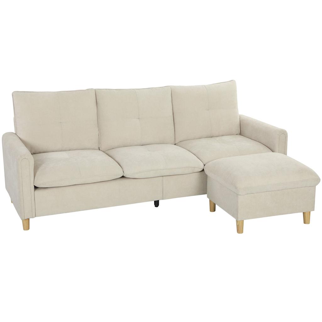 3 Seater Sofa With Storage Ottoman, Modular Corner Sofa 210 Cm, Wide Seat, Linen Look Fabric, Cream