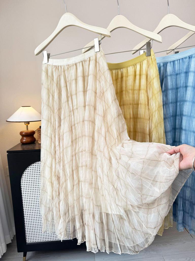 Design-Forward Plaid Mesh Midi Skirt: 2026 Spring/Summer Women's Wrinkled Drape Resort Skirt
