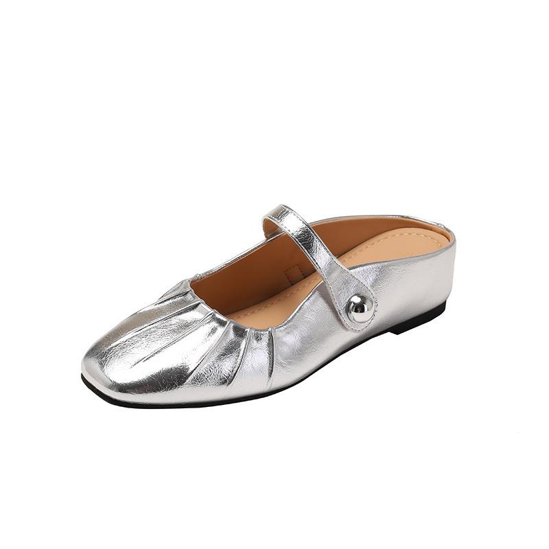 Sandals flat bottom Mary Jane bag head half drag women's shoes wear 2025 new popular silver single shoes
