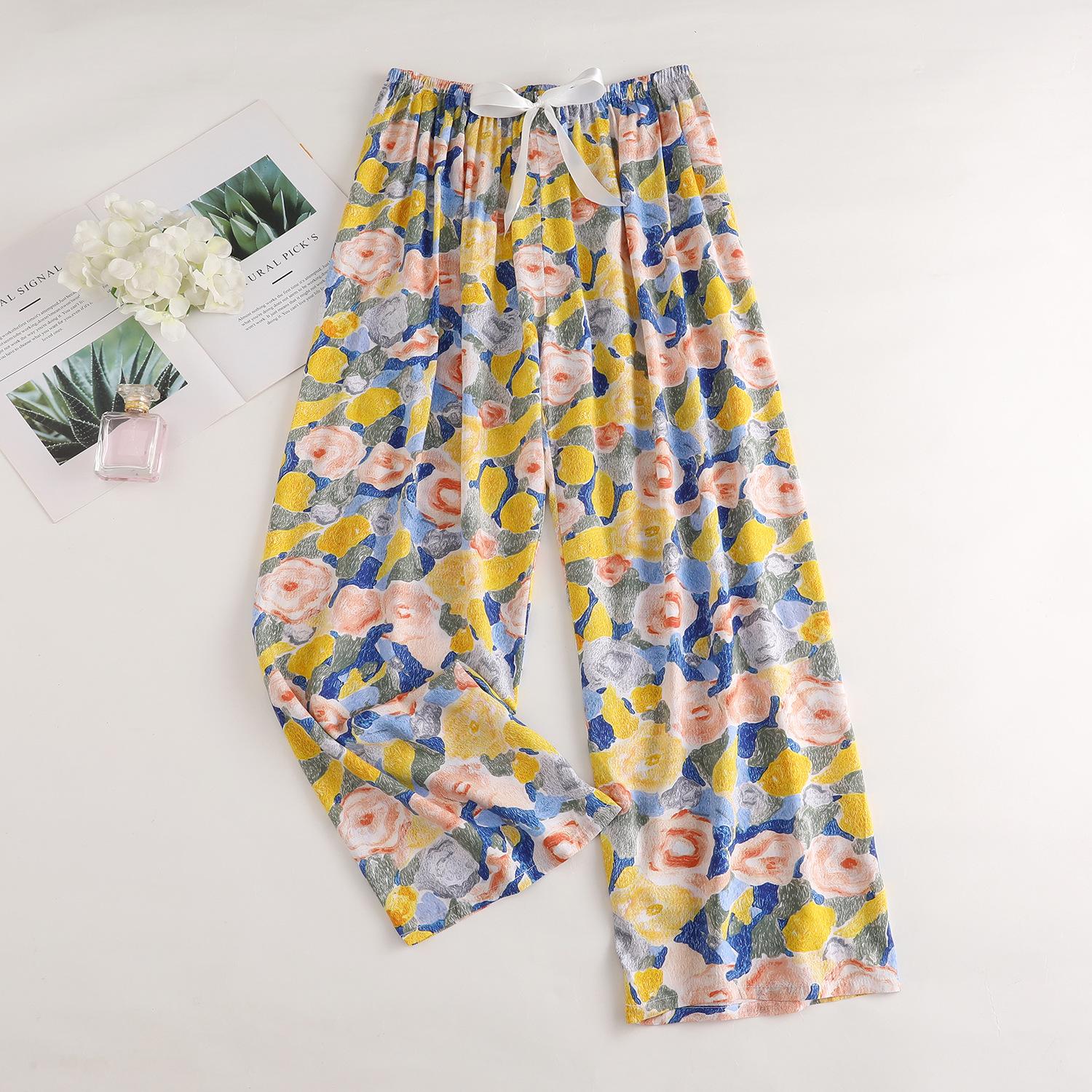 

Весенние и летние тонкие домашние брюки, женские милые повседневные брюки с цветочным принтом, которые можно носить на улице, свободные домашние цельные пижамные брюки XL