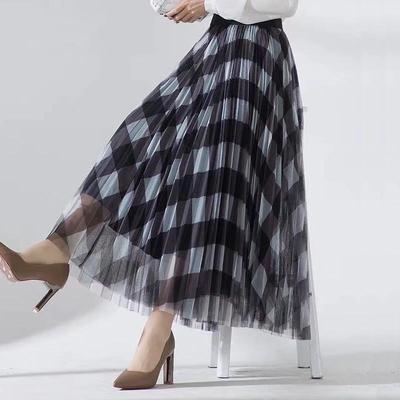 Letní dámská elegantní tylová maxi sukně s kostkovaným potiskem a elastickým pasem