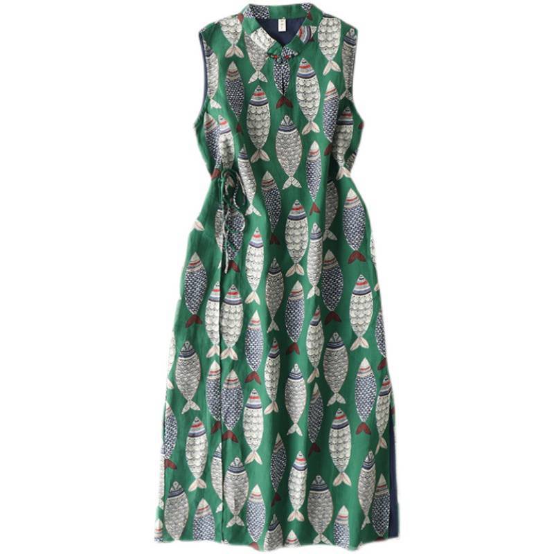 Women's Improved Cheongsam Summer Linen Style Retro Fish Print Frog Button Sleeveless Stand Collar Thin Fresh Midi Dress
