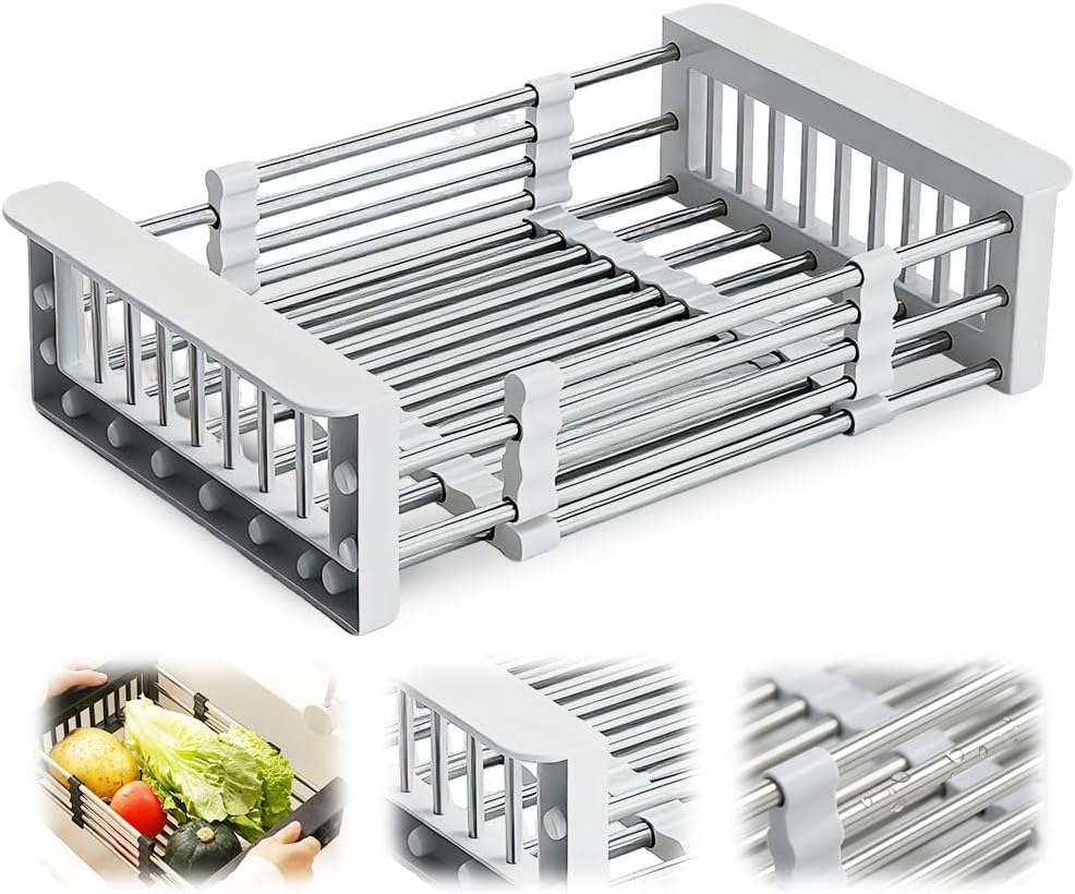 Extend Kitchen Sink Drain Basket, 2026 Upgrade Retractable Kitchen Sink, Adjustable Dish Drying Rack with Stainless Steel Drain Basket for Kitchen
