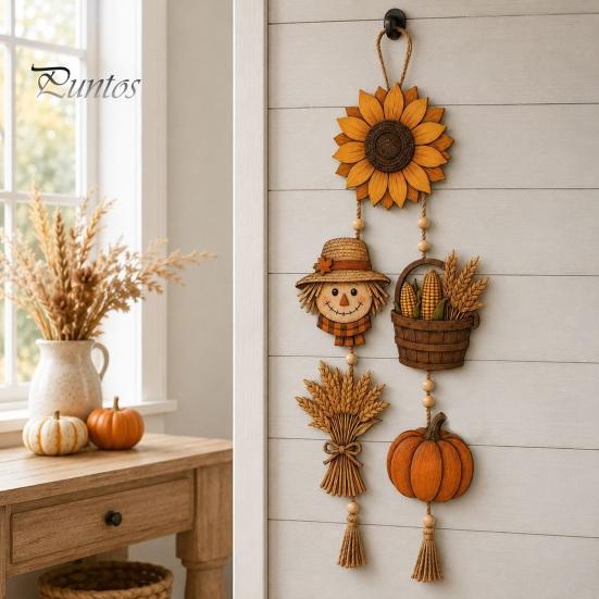 Seasonal Holiday Party Supplies Autumn Harvest Wooden Hanging Sign, Rustic Farmhouse Door Sign with Tassels and Wood Beads, Decorative Wheat Ear Corn