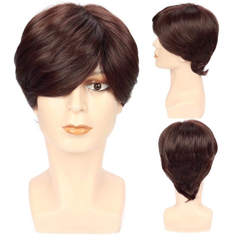 Men s Brown Short Straight Synthetic Wig with Fluffy Long Bangs, Breathable Cap for Daily & Casual Wear, Ready Stock 6inch