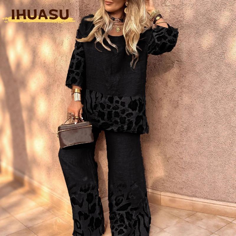 IHUASU Women's Fashion Casual Long Sleeve O-Neck Pants Suits