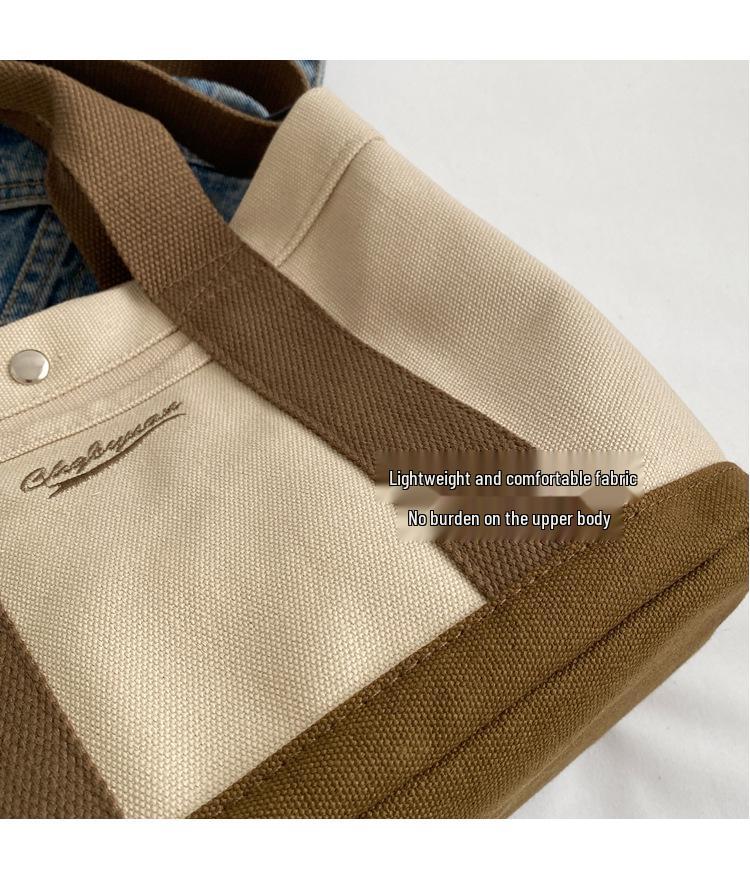 Japanese Color Block Canvas Tote: Lightweight, Large-Capacity, Versatile Handbag for Women - Shoulder or Crossbody Use.