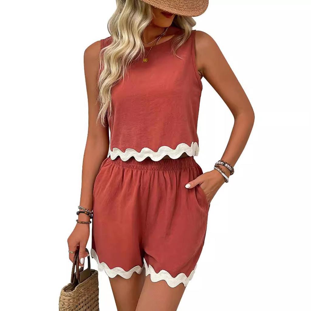 Women's Sleeveless Romper Shorts Set with Wave Hem in 6 Colors