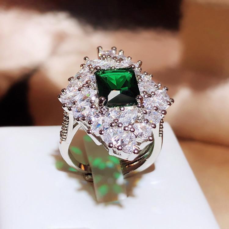 New Simulation Emerald Tourmaline Opening Ring Female Luxury Princess Square Full Diamond Ring