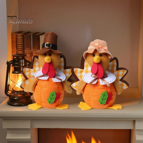 Stuffed Fabric Turkey Thanksgiving Plush Doll, Animal Figurine, Autumn Fall Fireplace Accents Harvest Tabletop Decoration for Home Desktop Tired Tray