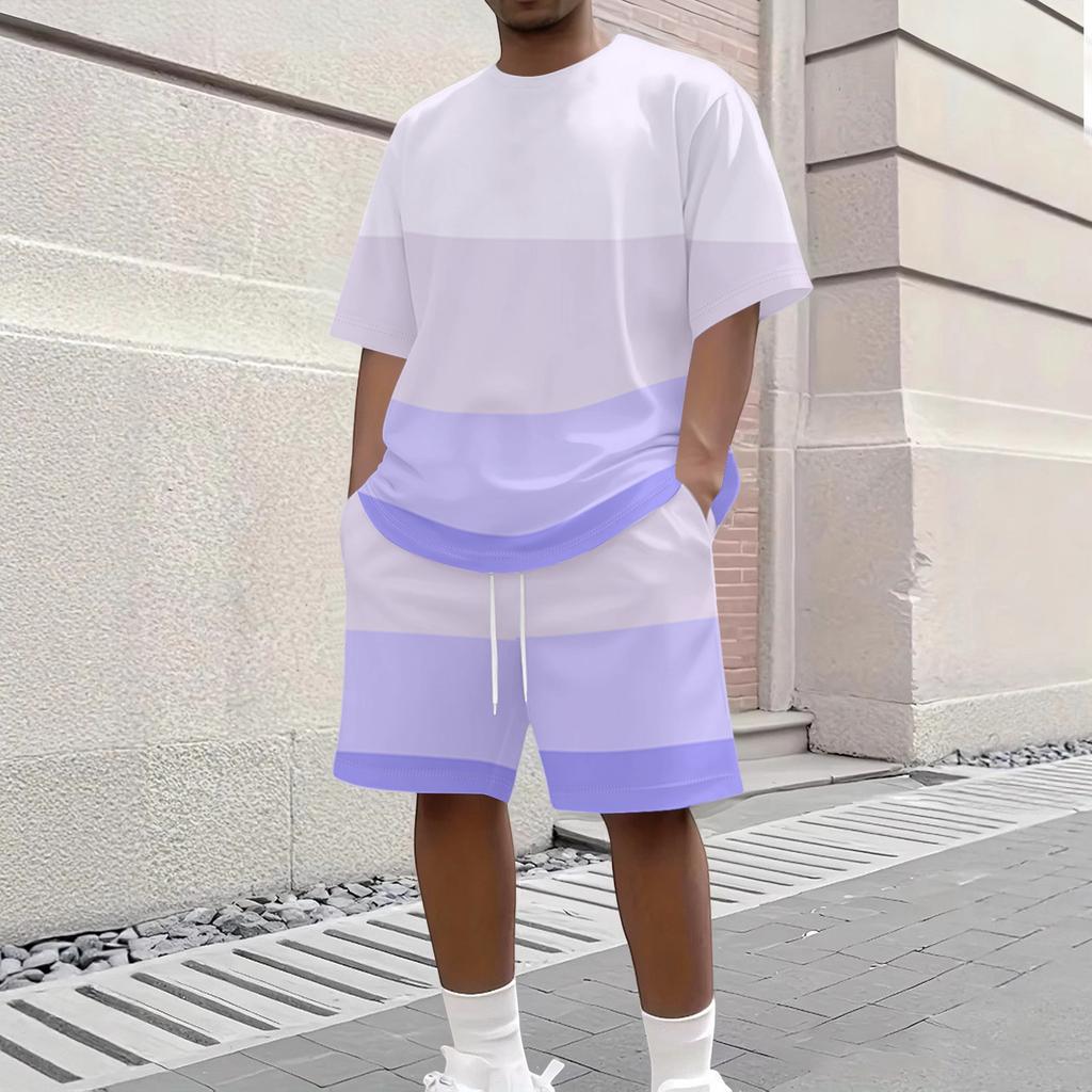 Men Stripe Print Casual Short Sleeve Crewneck Top and Shorts Two Piece Set Relaxed Fit Lightweight Outfit