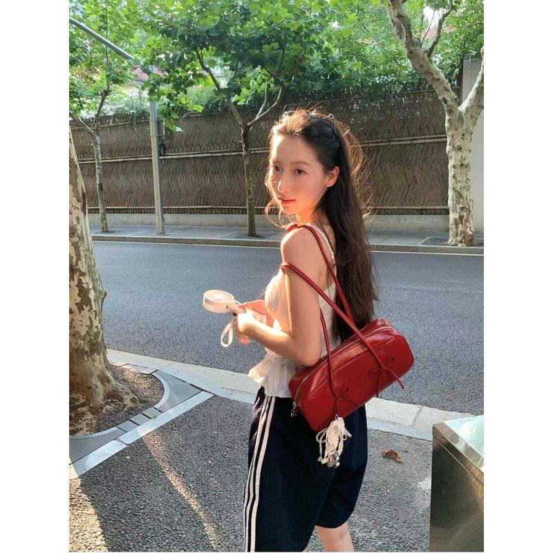 

2025 New Arrival Ankela Red Underarm Bag Shoulder Niche Style Large Capacity Bow Bag Baguette Bag Boston Bag Burgundy(No ornaments)