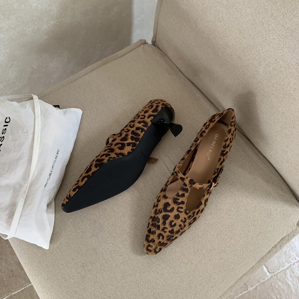 2025 autumn new suede one-word with leopard print hollow shallow mouth versatile commuter work women's shoes