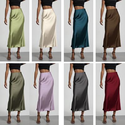 Women's Clothing Elegant Satin Midi Skirt Slim Fit High-Waisted Dress