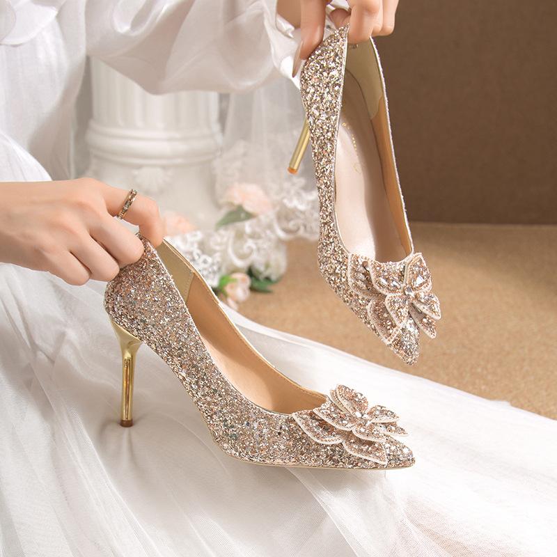 Red Crystal Wedding Shoes Women's Chinese Xiuhe Wedding Dress Two Wear Bridal Engagement Shoes Not Tired Feet Bow High Heels