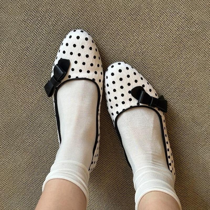 Sheepskin Version~ French Polka Dot Bow Round Head Shallow Mouth Mary Jane Shoes Women's Height-increasing Single Shoes In Spring and Autumn