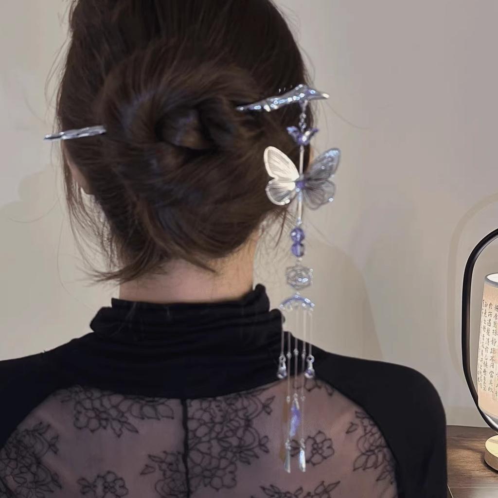 Neo Chinese Style Hairpin For Women Elegant Purple Butterfly Rhinestone Tassel Hair Stick Exquisite Fairy Hair Accessories 1pc
