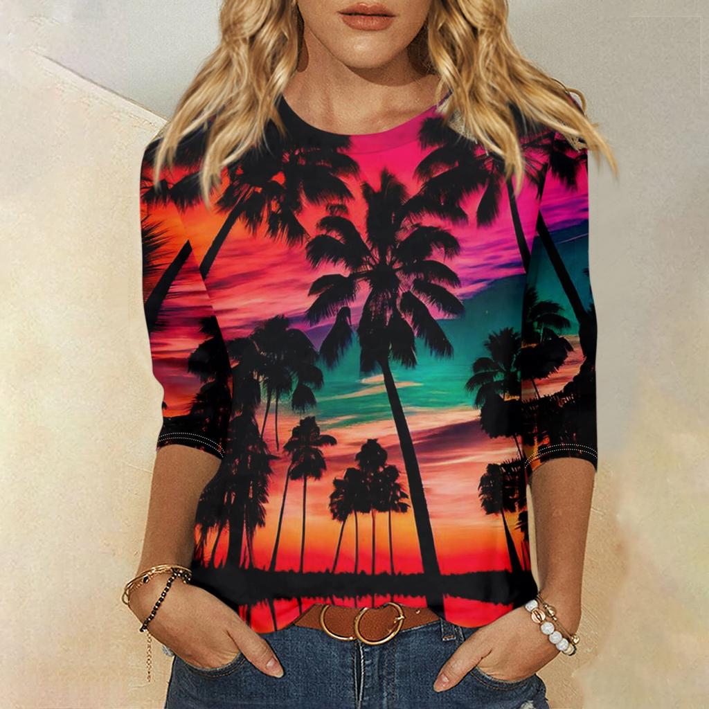 Hawaiihemd für Damen, modisch, lässig, Rundhalsausschnitt, 3/4-Ärmel, locker bedruckt, T-Shirt, Damenoberteil