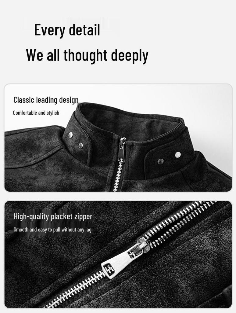Men's Gray PU Leather Stand Collar Retro Workwear Jacket for Spring/Autumn
