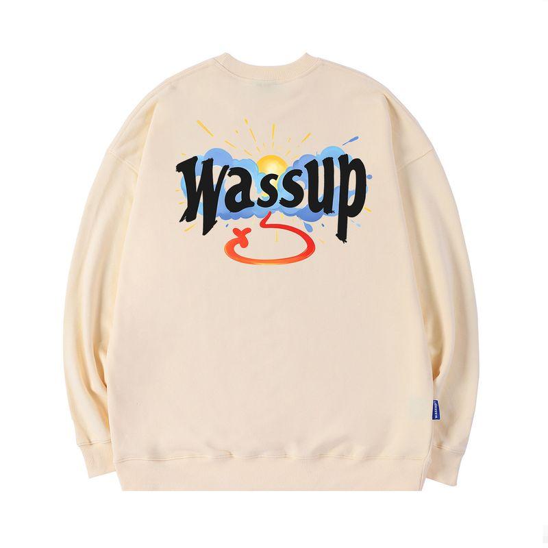 Wassup Cloud Sun National Trend Brand Crew Neck Sweatshirt Men's Autumn/Winter 2024 New Fleece-Lined Heavyweight Pullover Top
