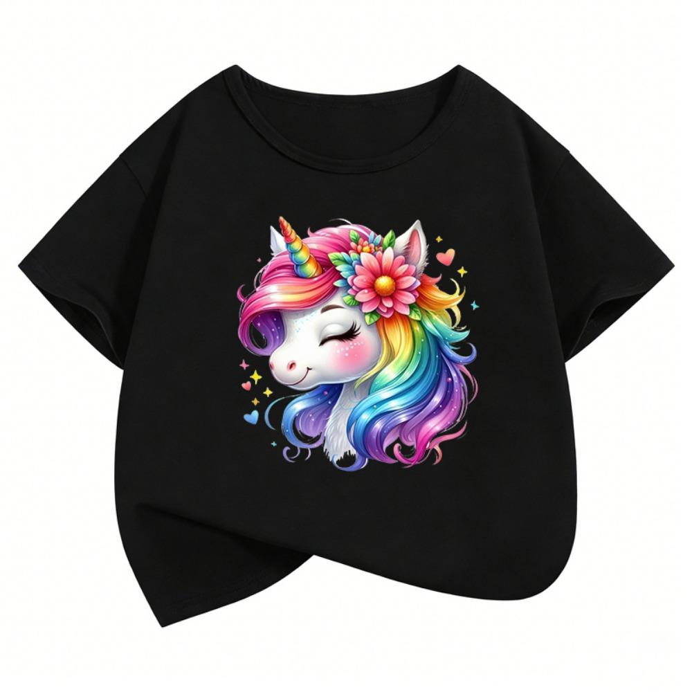 Fashion Horse with Rainbow Design T-Shirt Printed T Shirt Girls' Summer Clothes Short Sleeve Tops T-Shirts Cute Girls Clothing