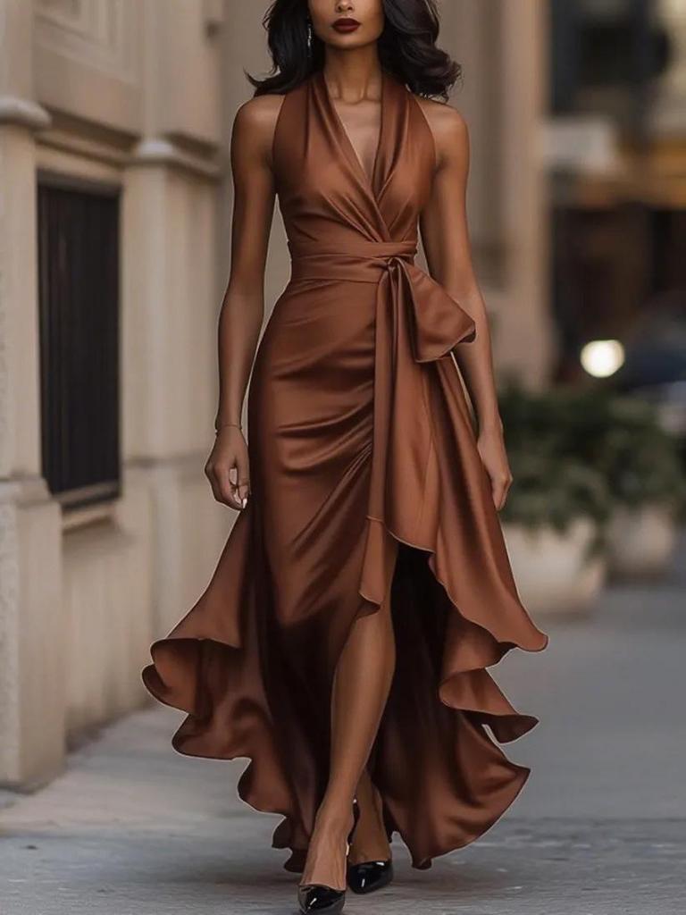Trendy V-neck Irregular Women's Ruffle Dress