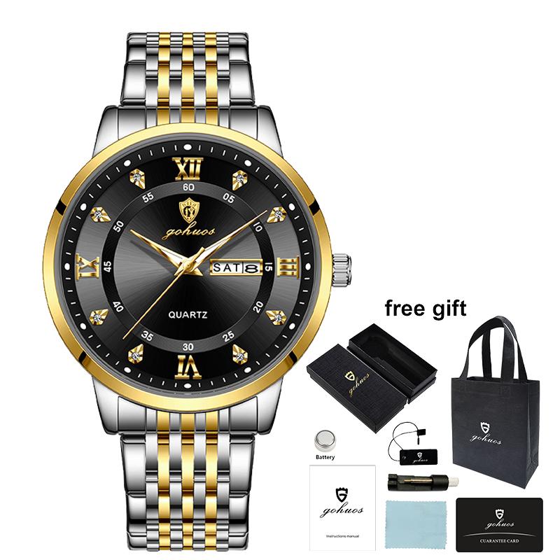 Gohuos 8806 Men Luxury Waterproof Luminous Hands Calendar Date Week Watch Stainless Steel Strap Top Quality Sport Wrist Watches
