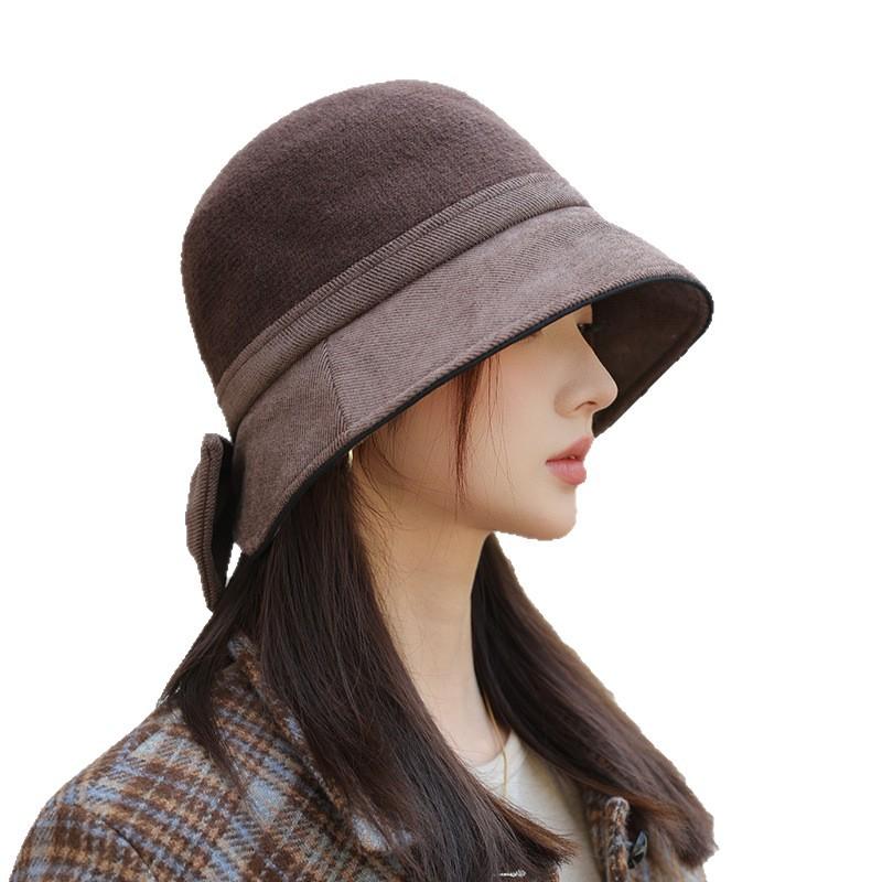 New Autumn and Winter Hat for Women with Big Brim Showing Face Small Fisherman's Hat Retro Versatile Basin Hat Korean Style Bow Bucket Hat