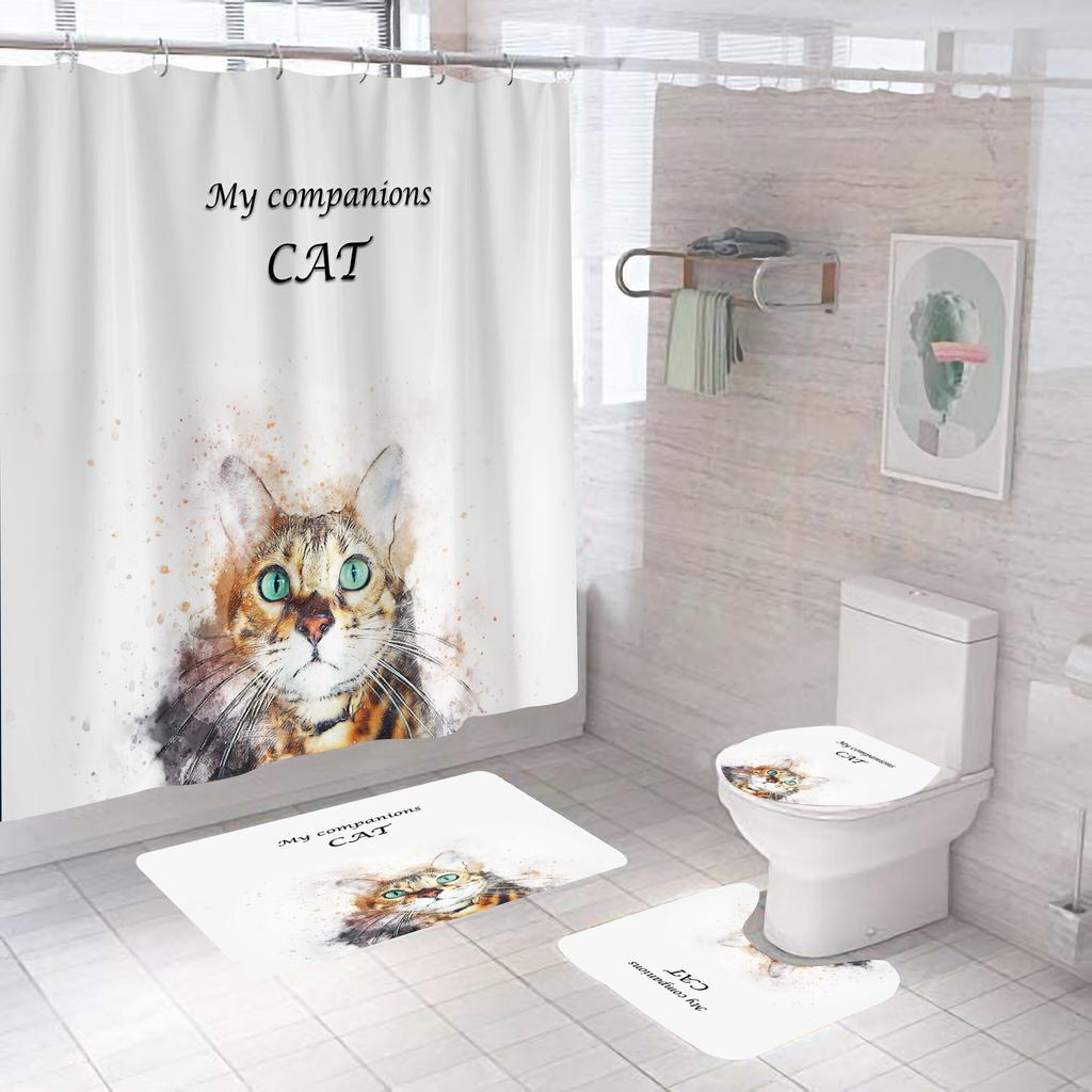 Cartoon Cat Shower Curtain Set Animal Black Waterproof Bath Toilet Lid Seat Cover Bath Non-Slip Mat Rug Bathroom Decot Cover