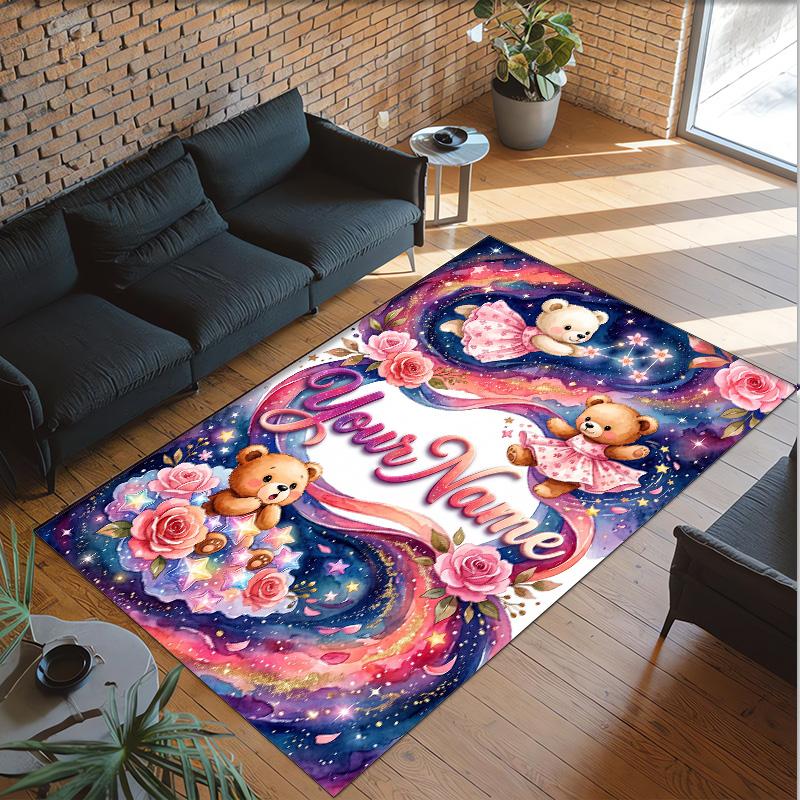Teddy Bear Theme Crystal Velvet Rug Personalized Custom Name Text Soft Floor Mat Home Decor